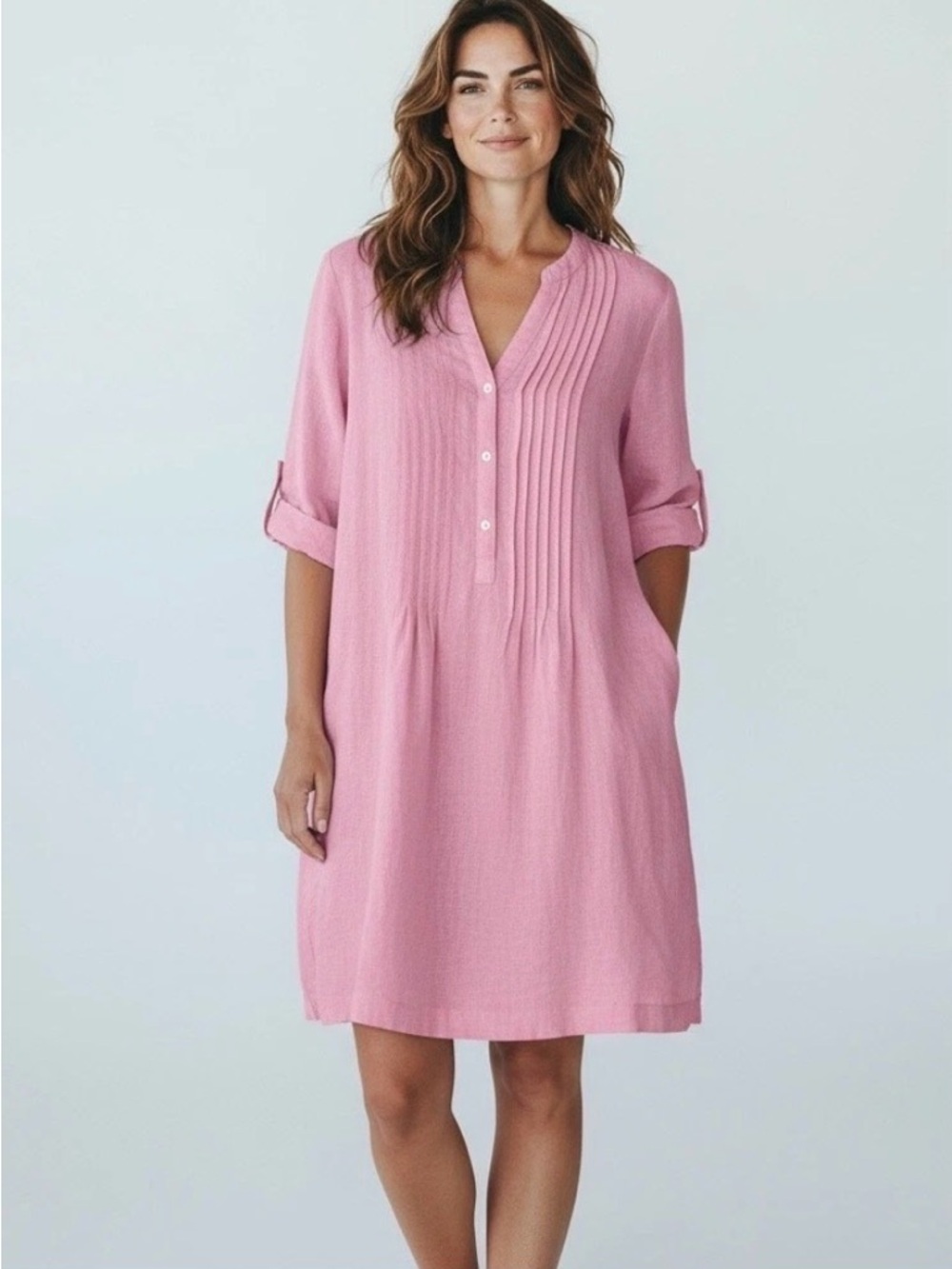 J Mclaughlin Riviera Linen Dress size  s Pintuck Pop Over Roll Tab Sleeve Pink